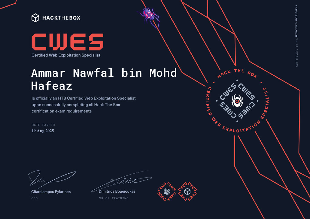 HTB Certified Web Exploitation Specialist certificate